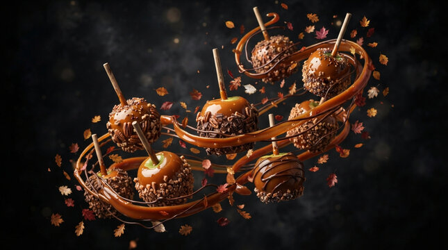 A collection of delicious caramel apples arranged on a dark background with sparkling lights and festive atmosphere