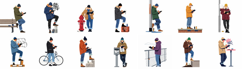 Collection of illustrations featuring urban young men in winter jackets sketching in notebooks against various city street backgrounds, isolated on white. © Songo