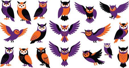 Fototapeta premium Set of cute cartoon owls in purple and orange colors for festive halloween party design elements
