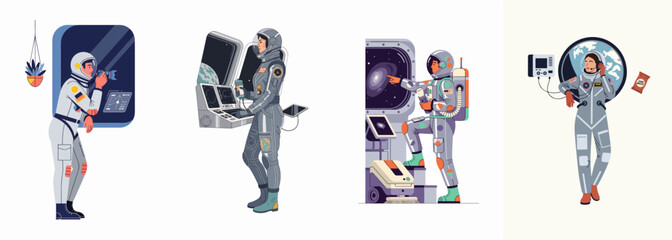 Set of four illustrations showing astronauts performing various tasks and duties inside a spacecraft or space station during a space mission. © Sepuluh