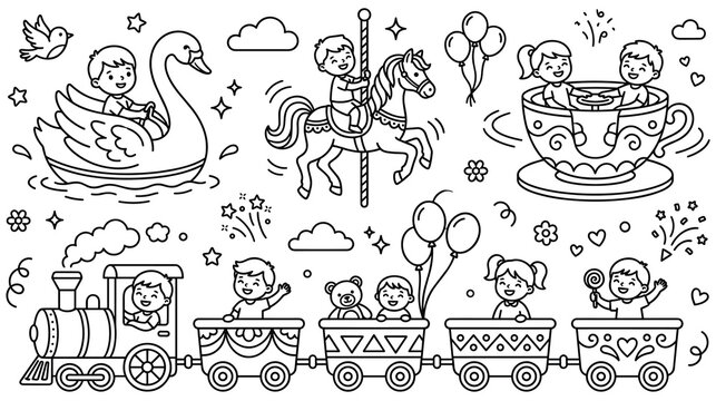 Amusement park doodle set with happy kids riding train carousel and cups.