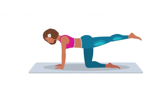 Woman Performing Glute Kickback Exercise: A woman is shown from the side, on her hands and knees, with one leg extended backward and upwards, demonstrating a glute kickback exercise on a yoga mat.