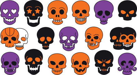 Obraz premium Set of colorful skulls for halloween party decorations and spooky festive design elements on white background