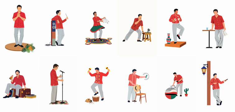 Collection of Flat Vector Illustrations Depicting a Man in a Red Shirt Performing Various Daily and Artistic Activities
