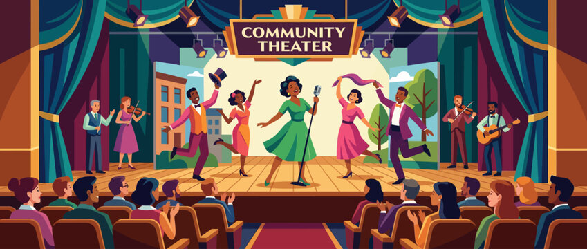 Community theater stage performance with actors singing and dancing for an audience.
