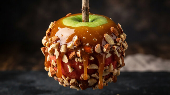 A delicious gourmet caramel apple coated with crunchy chopped nuts on a dark rustic wooden background