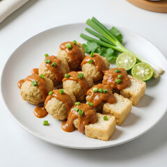 Fototapeta premium Delicious Thai Chicken Satay with Peanut Sauce and Fresh Garnishes.