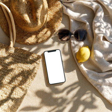 Summer smartphone blank screen mockup with straw hat sunglasses woven bag and lemon