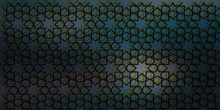 Intricate geometric islamic pattern in black lines over blurred blue gradient backdrop.