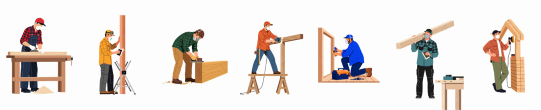 Set of professional carpenters and woodworkers working with timber using various tools for sanding and construction, isolated on white background illustration.