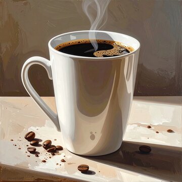 An artistic painting of a steaming white mug filled with hot black coffee, evoking warm morning cozy comfort with scattered beans on a table. Great for cafe concepts. Nobody present.