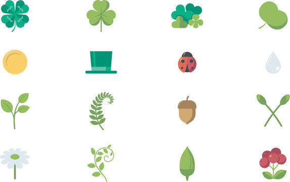 set of clover leaves green hat gold coin ladybug and nature icons flat vector illustration elements for
