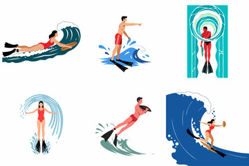 Vector illustrations of surfers and swimmers in red swimwear interacting with large ocean waves, featuring people using flippers and surfboards for various water activities. © Salim
