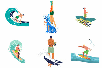 Set of stylized flat illustrations depicting men enjoying various water activities including surfing, diving, and relaxing in the ocean during summer. © Salim