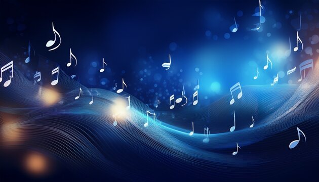 dark blue abstract background with floating music notes and soft bokeh glow elegant banner design for concerts playlists podcasts web headers social media copy space wallpaper