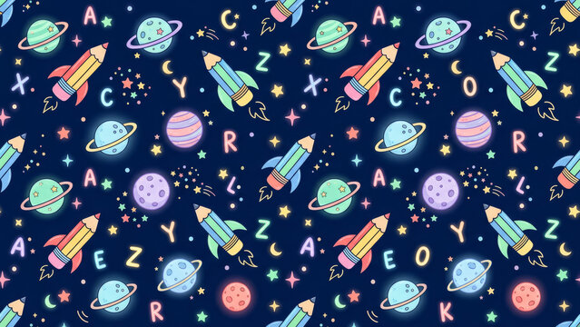 Space themed pattern featuring pencils as rockets planets and letters against a dark blue background alphabet