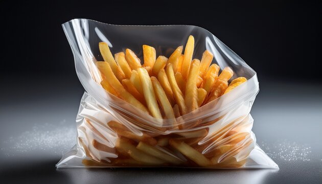 a clear plastic bag filled with golden salty french fries