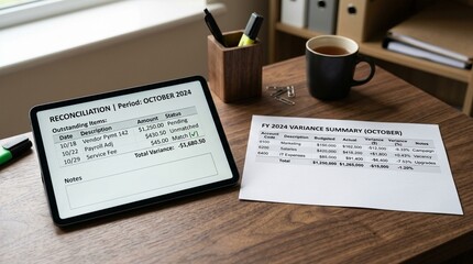Obraz premium Reconciliation tablet resting beside a printed variance report on a supervisor desk