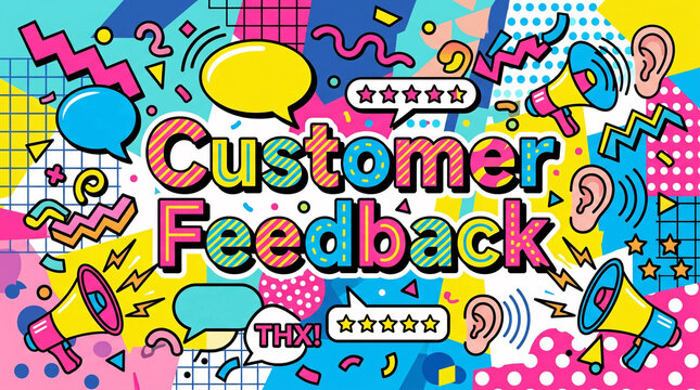 Colorful retro pop art illustration with megaphones and speech bubbles featuring "Customer Feedback" and "THX!" text