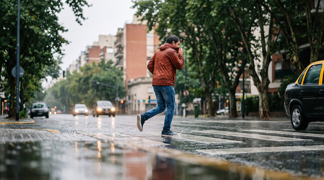 Man Crossing a Rain-Soaked Street in Buenos Aires, Argentina
