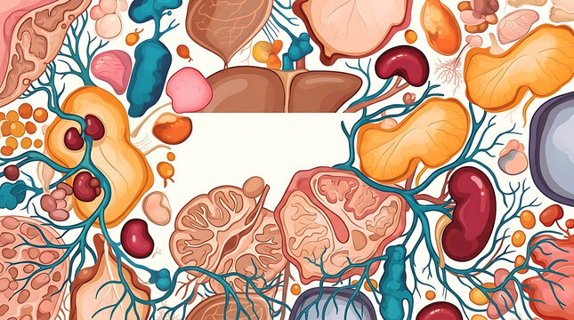 Colorful illustration of human digestive system organs and bacteria with network lines