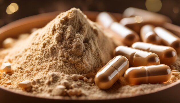 macro shot of protein powder with enzyme capsules soft natural lighting enhanced nutrient absorption theme