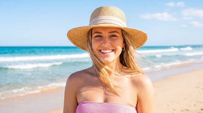Smiling young woman wearing a straw sun hat and pink strapless top posing on a beautiful sandy beach with ocean waves and blue sky in the background