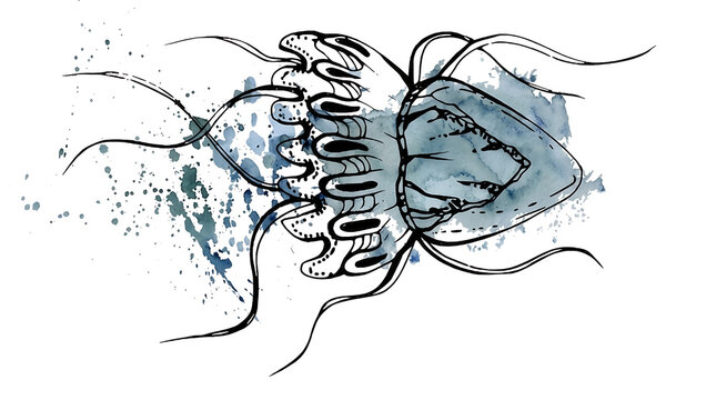Black and white sketch of two jellyfish swimming together with subtle colored accents