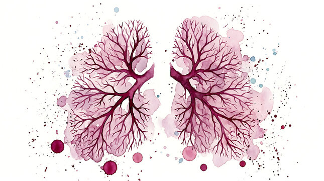 Detailed anatomical illustration of human lungs with branching bronchi and blood vessels