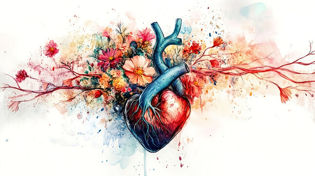 Watercolor heart with branches and autumn flowers illustration
