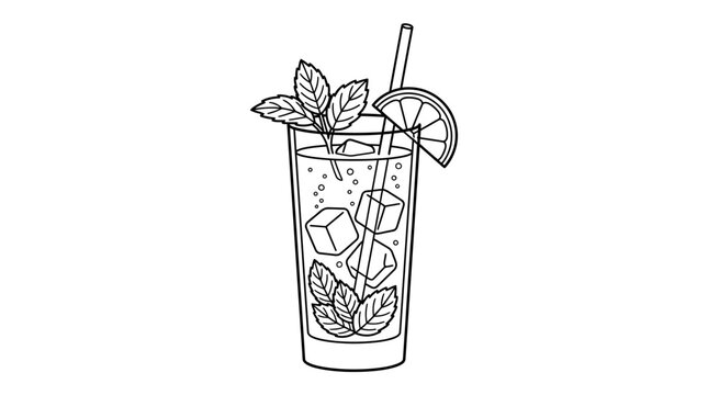 Hand drawn sketch of a refreshing mojito cocktail with lime and mint.