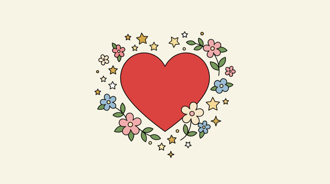 Decorative red heart illustration surrounded by colorful flowers and small stars.