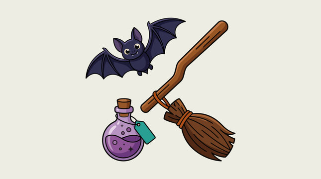 Cute Cartoon Halloween Set Featuring A Flying Bat Witch Broomstick And Magic Potion Bottle.