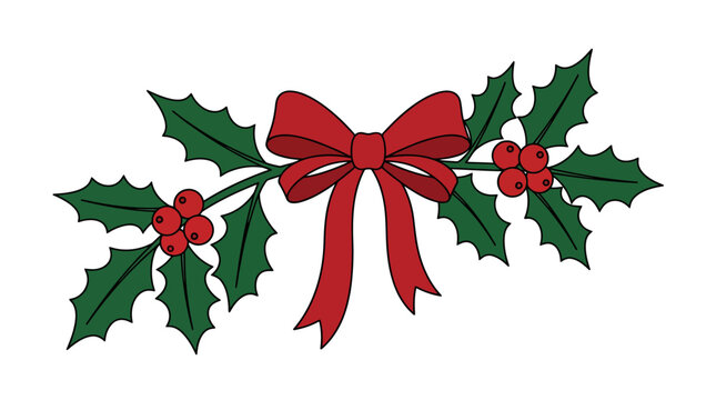 Christmas holly leaves with red berries and decorative bow.