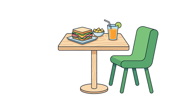 Hand drawn illustration of a cafe table with sandwich and drink.