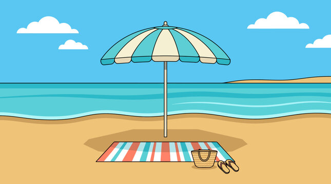 Beach Umbrella and Towel on Sandy Shore.