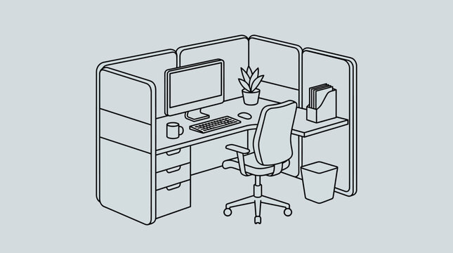 Line art illustration of a modern office cubicle workspace.