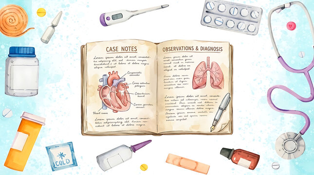 Medical notebook with case notes, heart and lungs diagram surrounded by healthcare tools