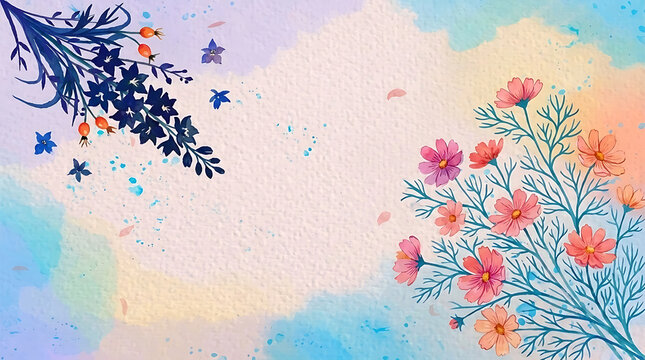 Colorful abstract floral branches with soft watercolor background