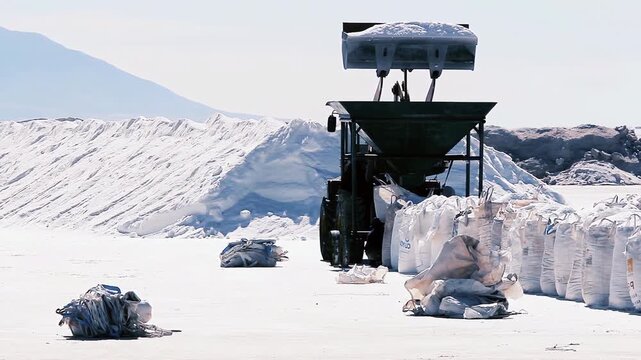 Wheel Loader Dumping Salt into Hopper to Fill Big Bags in Salinas Grandes Argentina - 4K