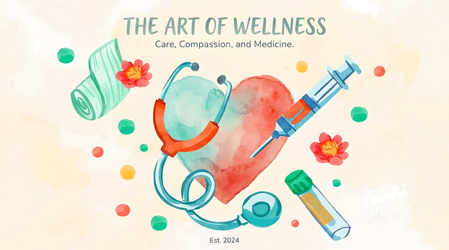 Colorful wellness illustration featuring stethoscope, heart, medicine bottle, and bandage with care and compassion theme