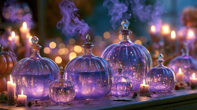 Whimsical potion shop counter featuring pumpkin-shaped glass bottles filled with glowing liquid, flickering candles located within magical fairy realm