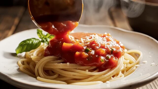 Ladle serving hot spaghetti pasta with tomato sauce and basil