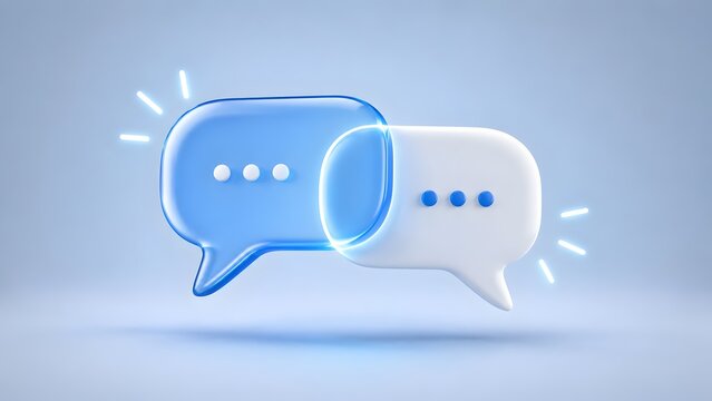 Modern communication and digital messaging concept with overlapping transparent glass and solid white speech bubbles