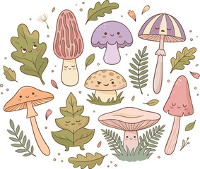 Fototapeta premium Cute mushroom characters vector illustration set featuring pastel cartoon fungi with funny faces oak leaves and ferns on white background.