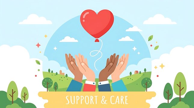 A pleasant flat vector design with a heart balloon floating above helpful hands and little words