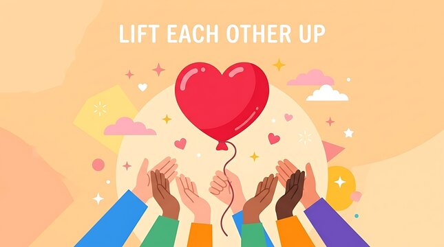 Heart balloon floating above helping hands, minimal text, cheerful flat vector illustration