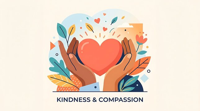 Heart held by caring hands, minimal text, modern flat vector design, kindness and compassion theme