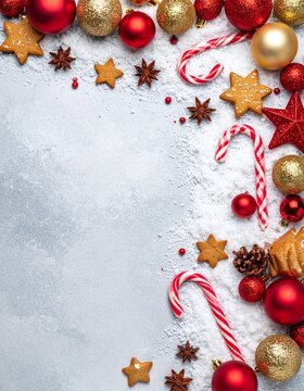 Cozy holiday background with no people. Festive red and gold ornaments, candy canes, and star cookies sit on white snow, evoking warm Christmas joy. Great for winter designs.