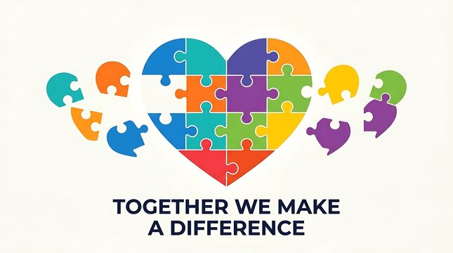 Heart-shaped puzzle pieces coming together, minimal Together We Make a Difference text, flat vector design